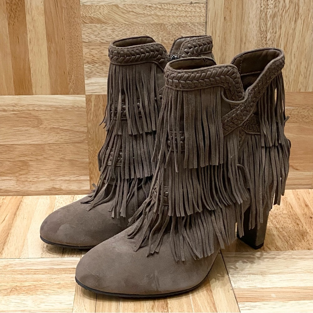 SAM EDELMAN “Kaleb” Taupe Fringe Suede Leather Ankle Booties Size 8.5 - Picture 2 of 16